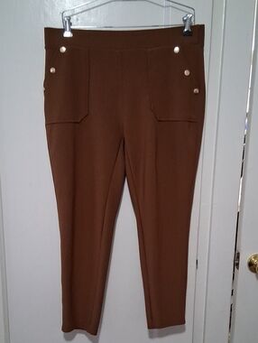 Straight Leg Brown Pull-On Pants with Button Accent Stretchy Soft